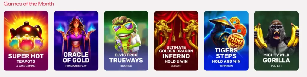 Games of the Month grid on Ruby Reels Casino, displaying current popular slot game titles.