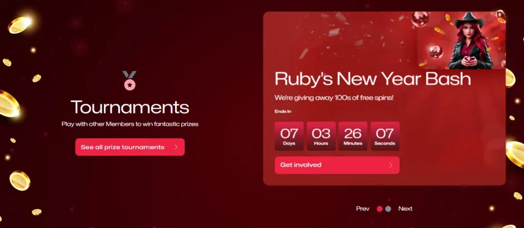 A banner for Ruby's New Year Bash tournament on Ruby Reels, highlighting competitive play and prizes.
