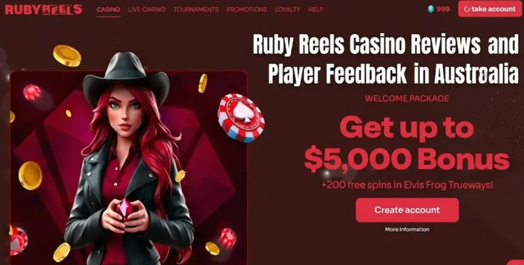 Ruby Reels Casino banner with a $5,000 bonus on the Australian player reviews and testimonials page.